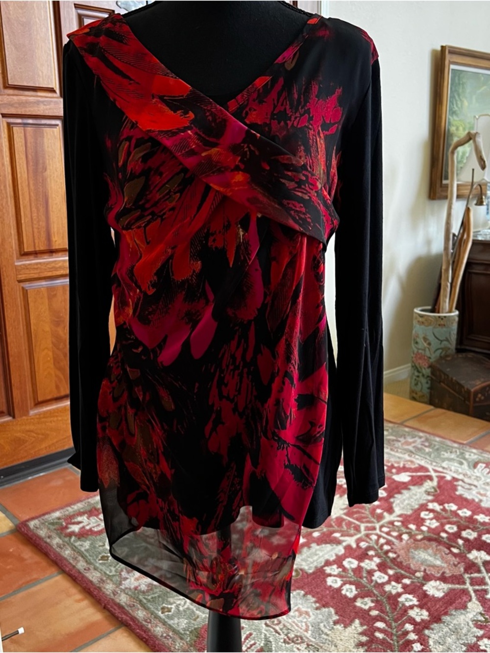 ASM Fashions J Made In Canada Floral Drape Front Blouse Top Black Lining Size L